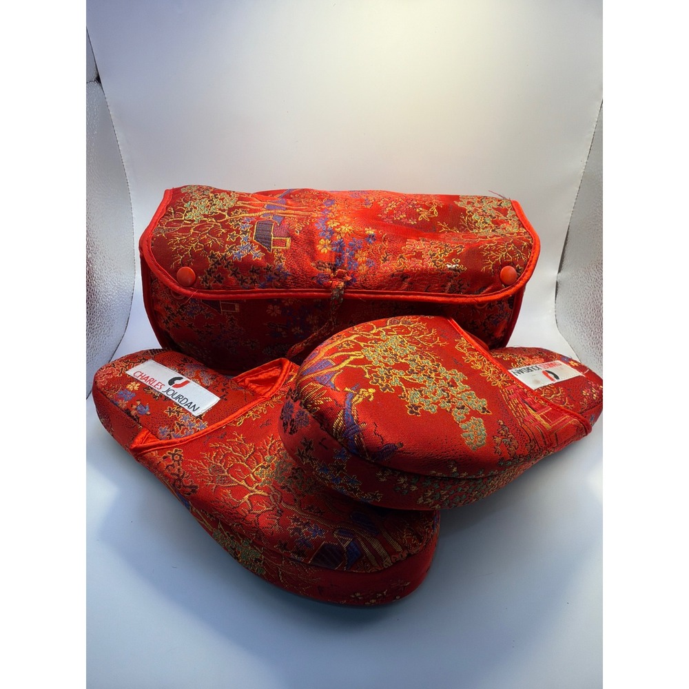Charles Jourdan Red Floral Brocade Travel Slipper Set with Case Small 5-6